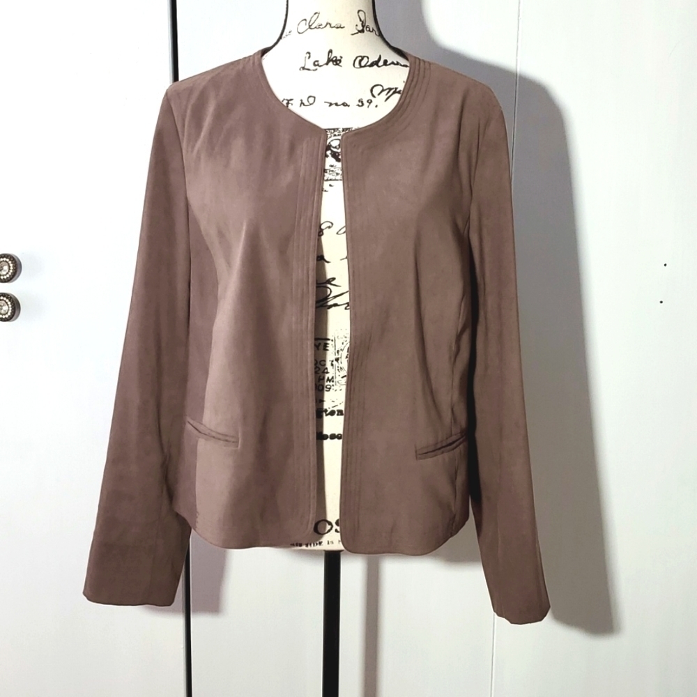 Light Brown Open Blazer/ Suit Coat Suede Slip Pockets Careerwear Neutral Sz.12